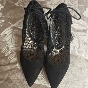 Black suede fish net ankle heels